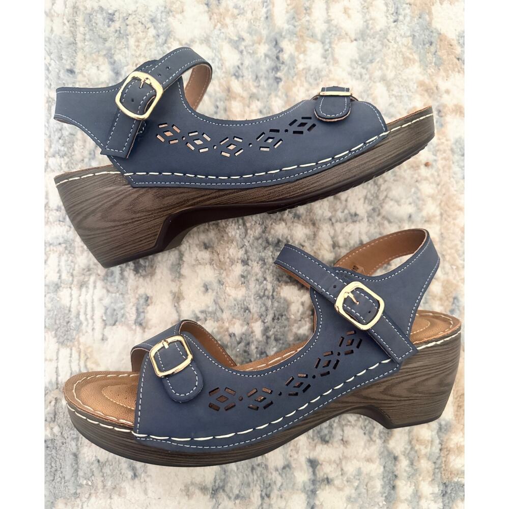 Patrizia Shantay Navy Laser Cut Wedge Sandals Size 41